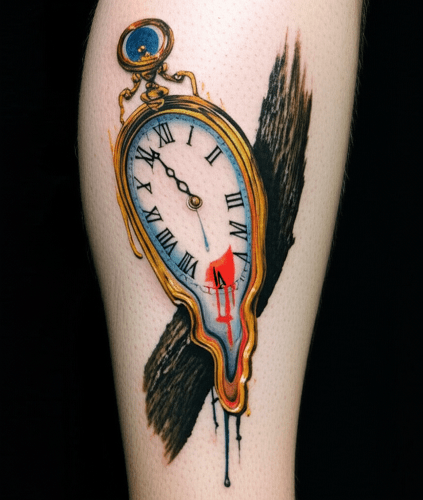 AI生成の溶けゆく時、絡まる記憶のタトゥー画像