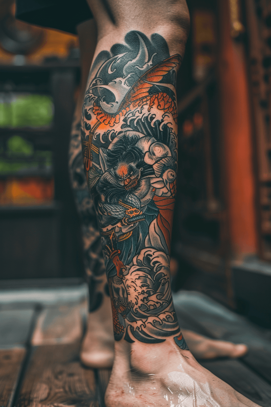 AI生成の荒波と鬼神のタトゥー画像