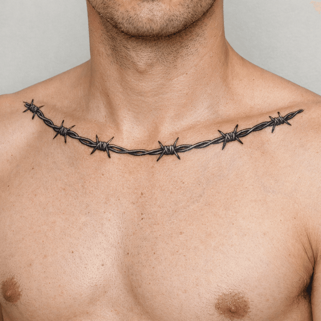 鎖骨・胸元に入れた有刺鉄線タトゥーの参考例