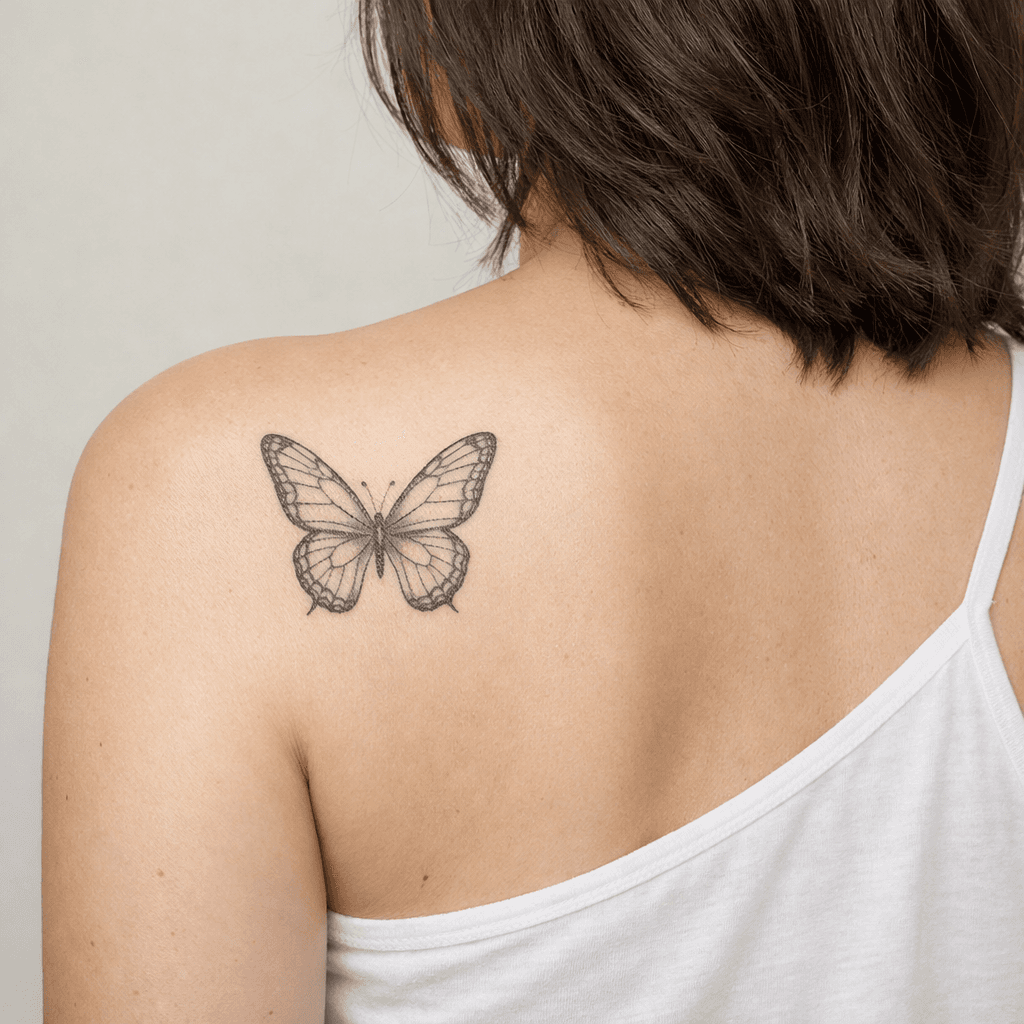 ファインライン・モノクロの蝶タトゥーの参考例