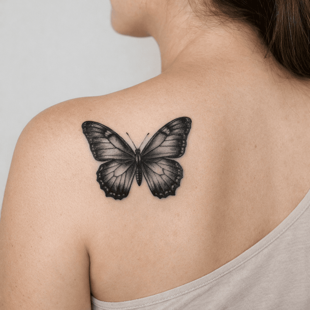 ブラックアンドグレーの蝶タトゥーの参考例