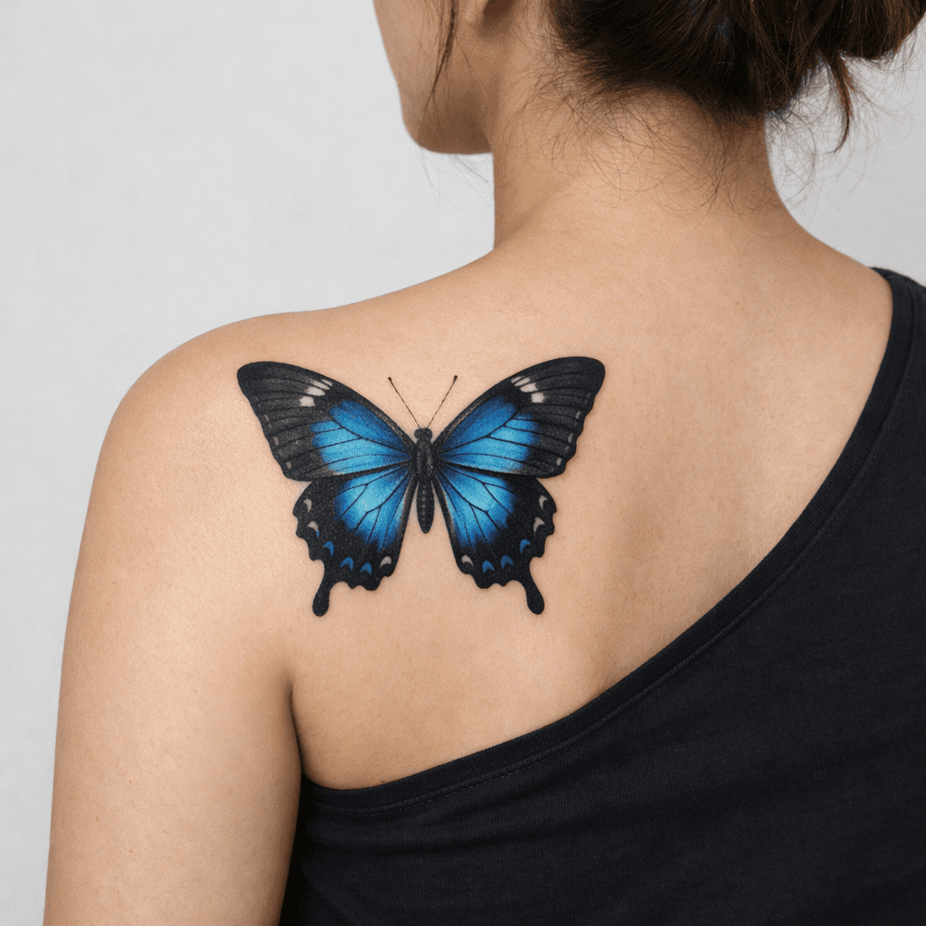 肩・肩甲骨まわりに入れた蝶タトゥーの参考例