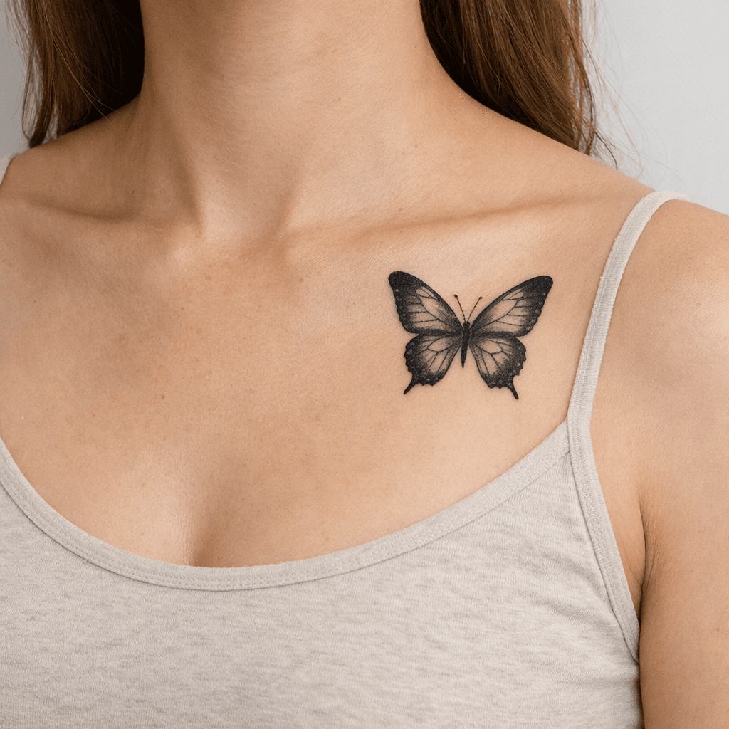 鎖骨・胸元に入れた蝶タトゥーの参考例