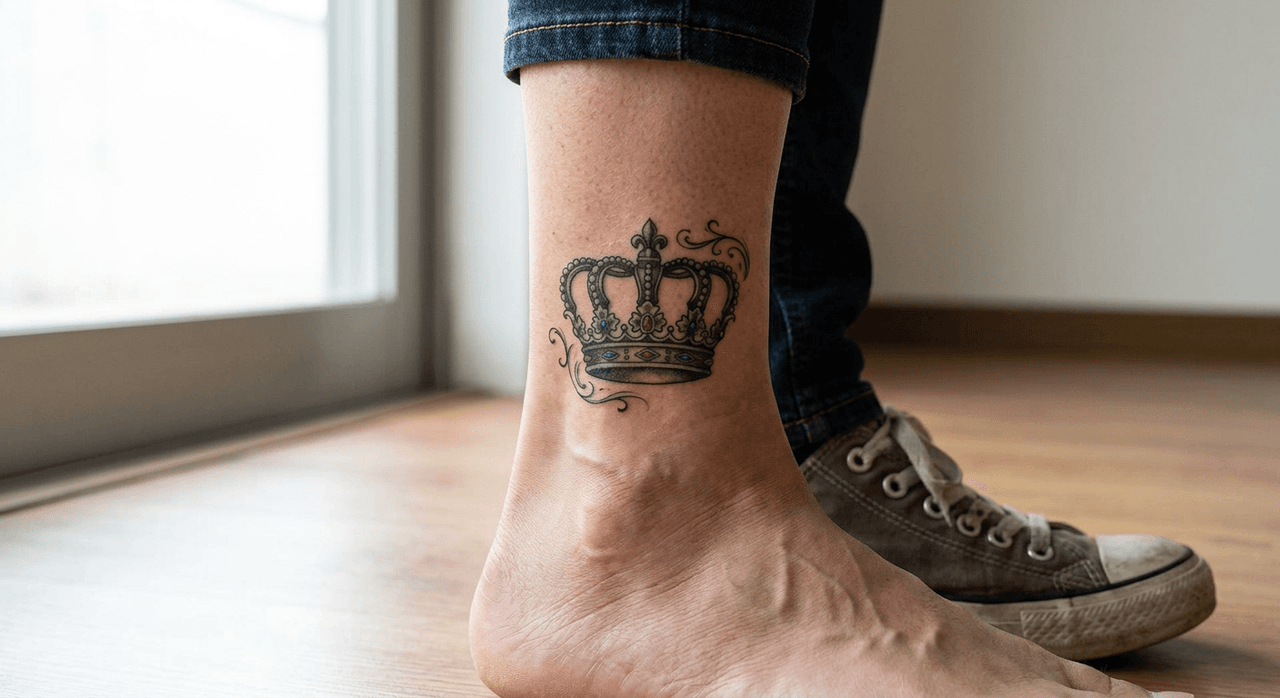 足首に入れた王冠タトゥーの参考例