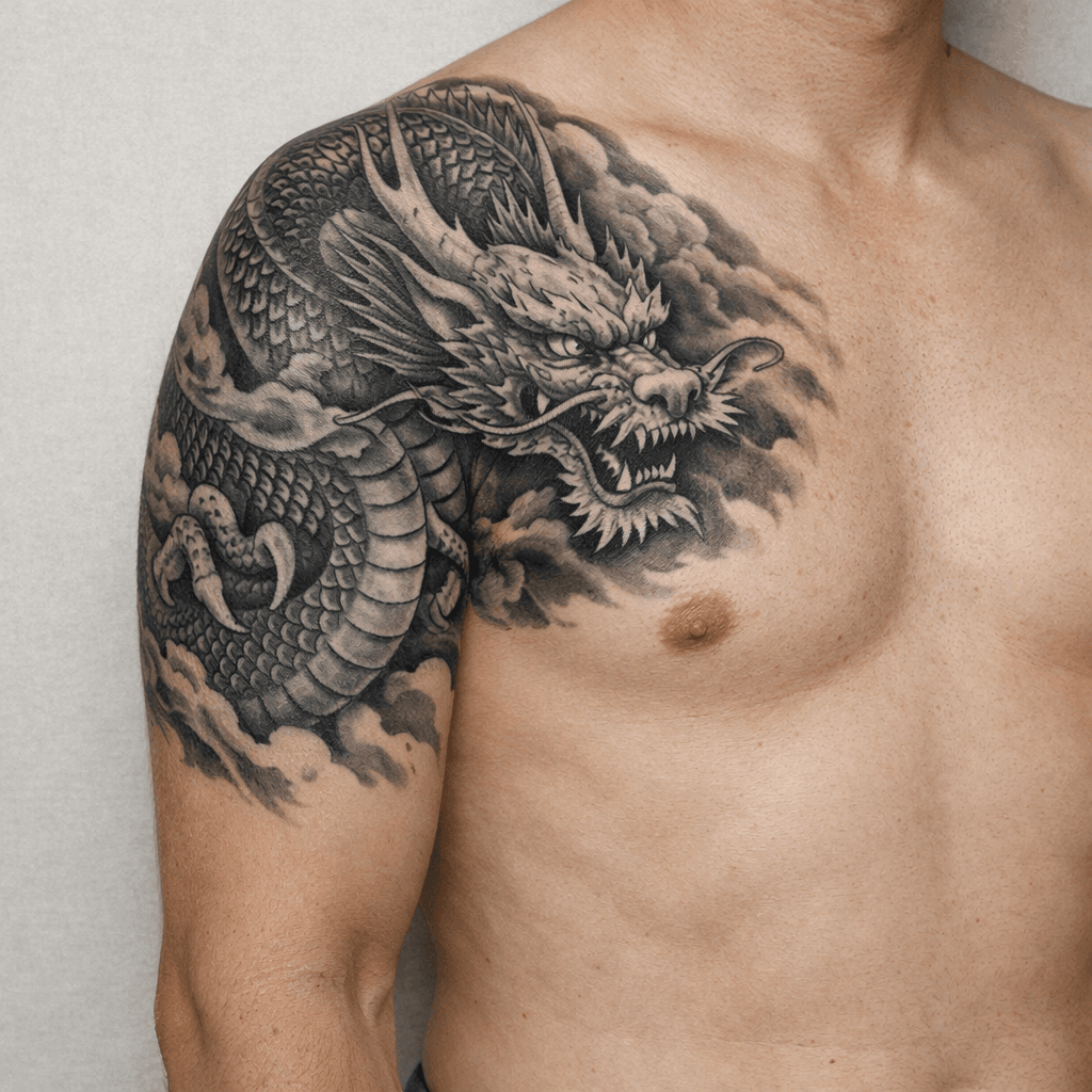 ブラックアンドグレーの龍タトゥーの参考例