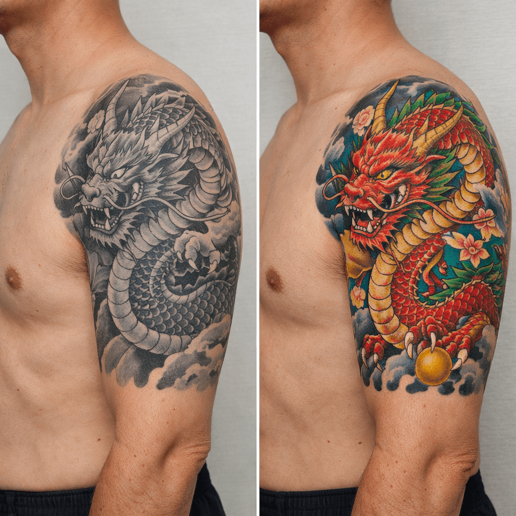 和彫り系フルカラーの龍タトゥーの参考例