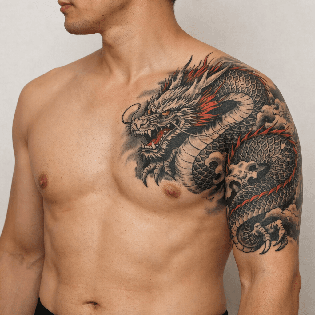 上腕から胸に入れた龍タトゥーの参考例
