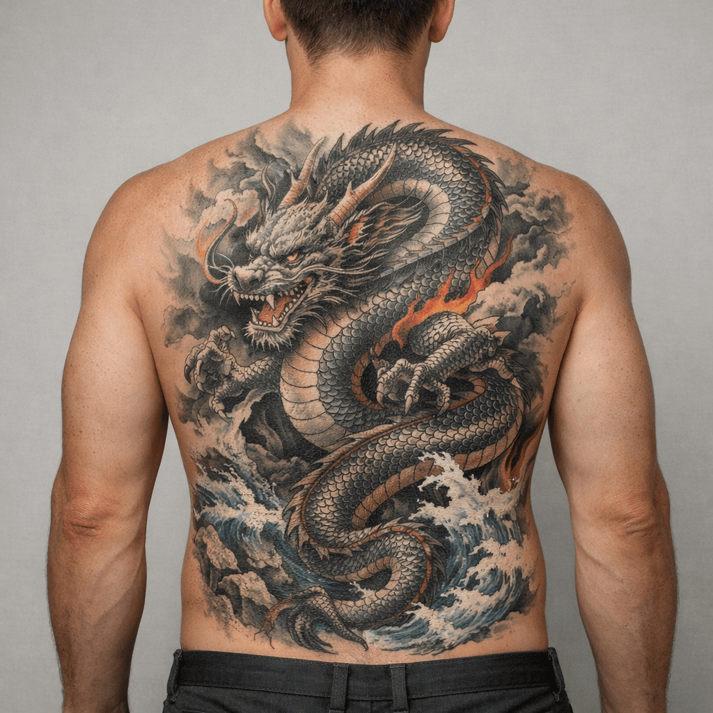 背中に入れた龍タトゥーの参考例