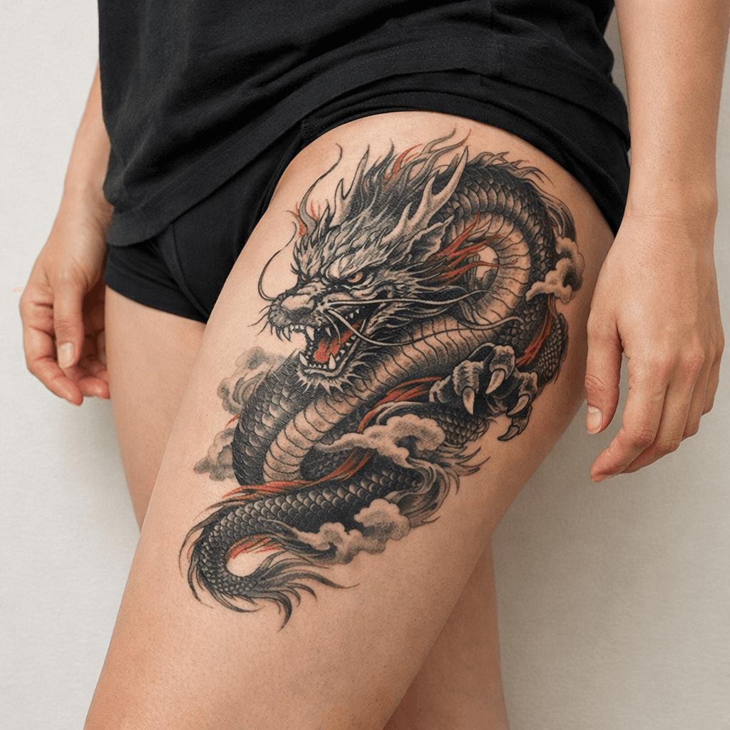 太ももに入れた龍タトゥーの参考例