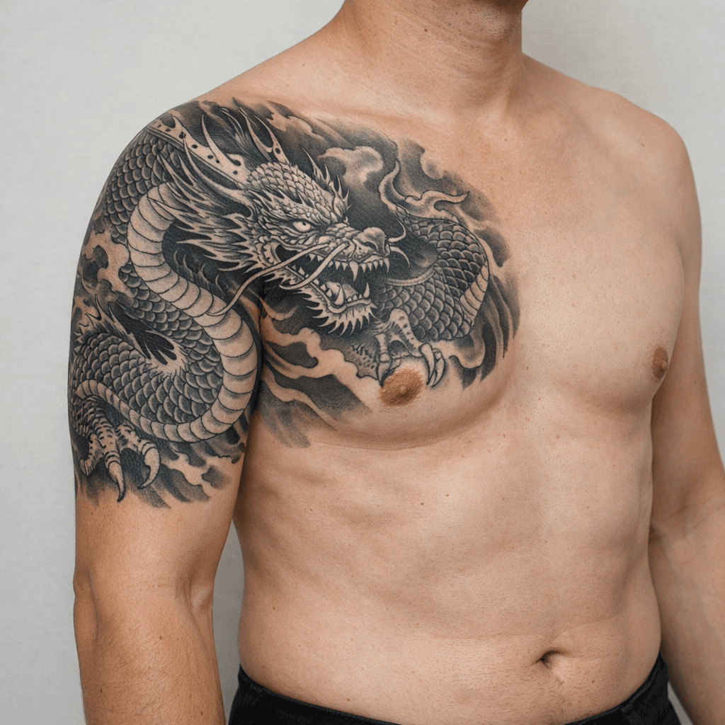ハーフスリーブ・胸パネルの龍タトゥーの参考例
