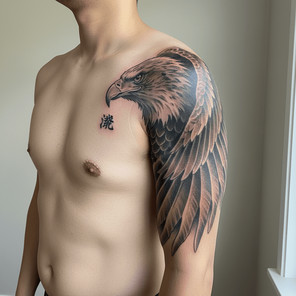 肩から腕に入れた鷲タトゥーの参考例