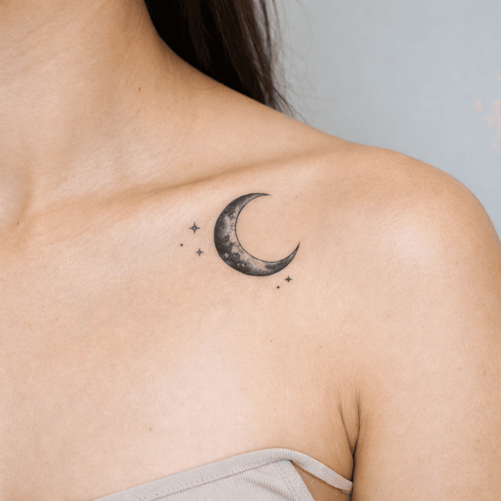 鎖骨・肩に入れた月タトゥーの参考例