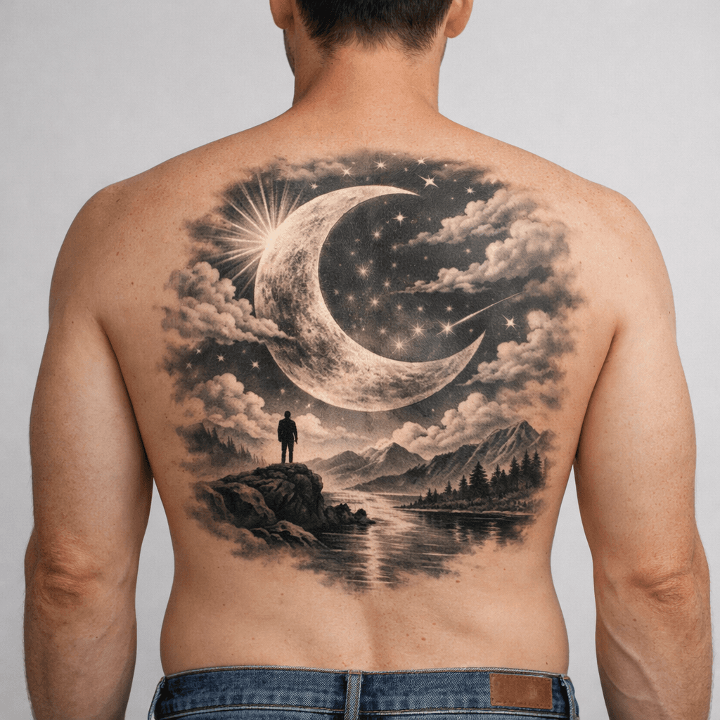 背景込みの大型構図の月タトゥーの参考例
