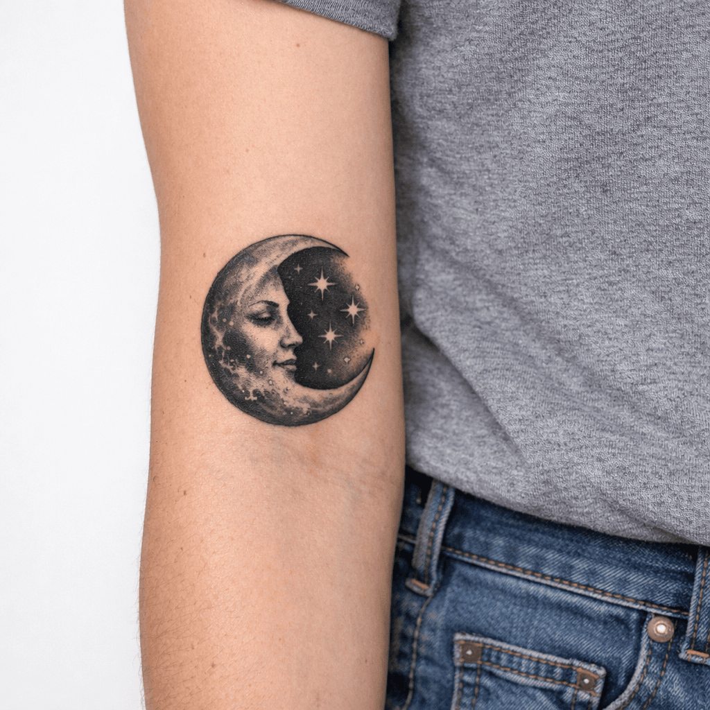 表情が出るミドルサイズの月タトゥーの参考例