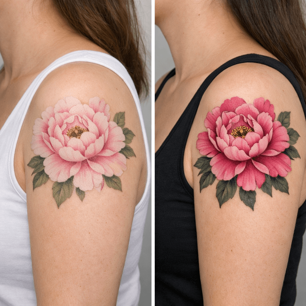 陰影の強弱の牡丹タトゥーの参考例