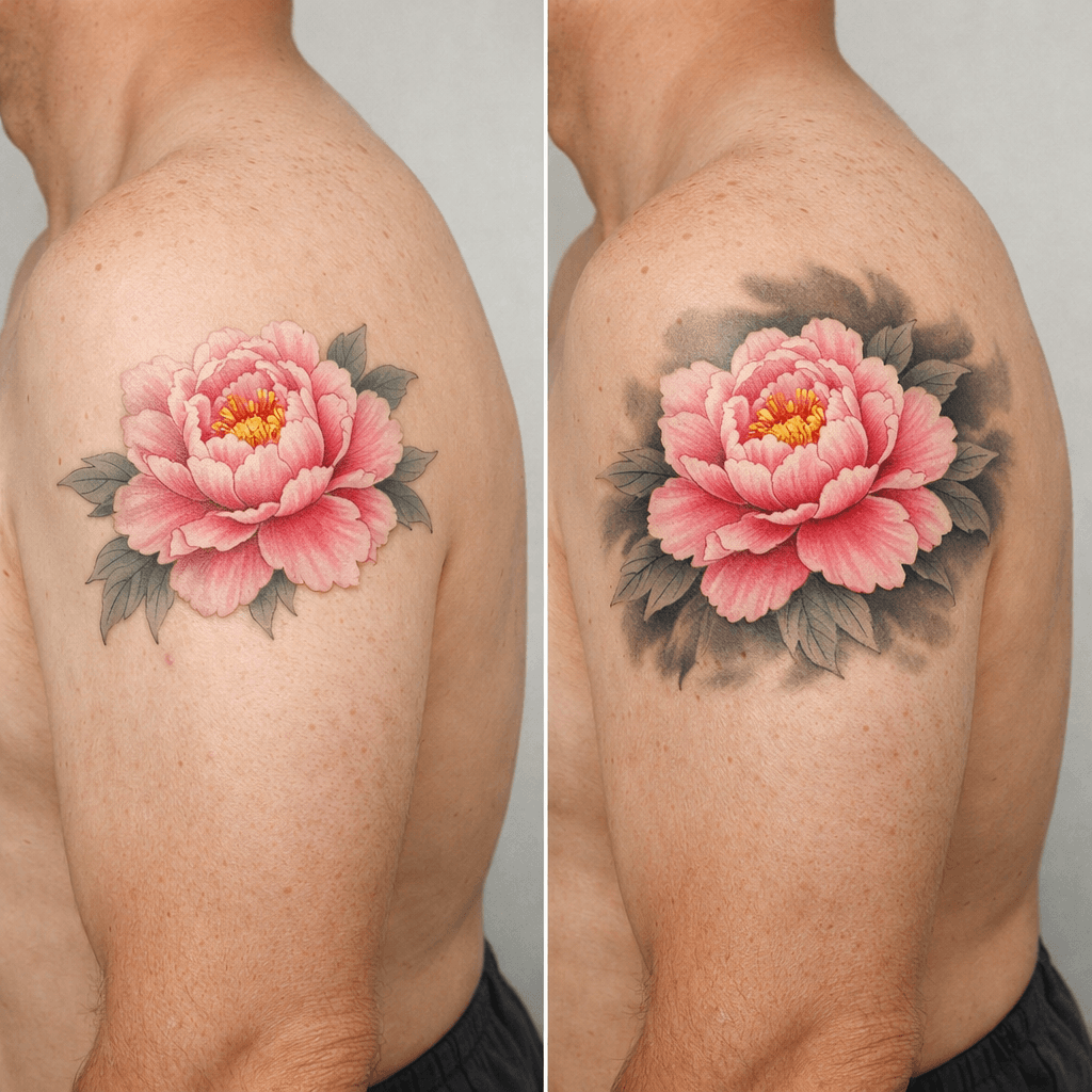 背景と抜きの活用の牡丹タトゥーの参考例