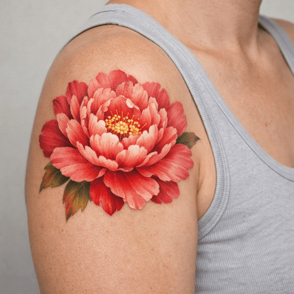 暖色系の花びらの牡丹タトゥーの参考例