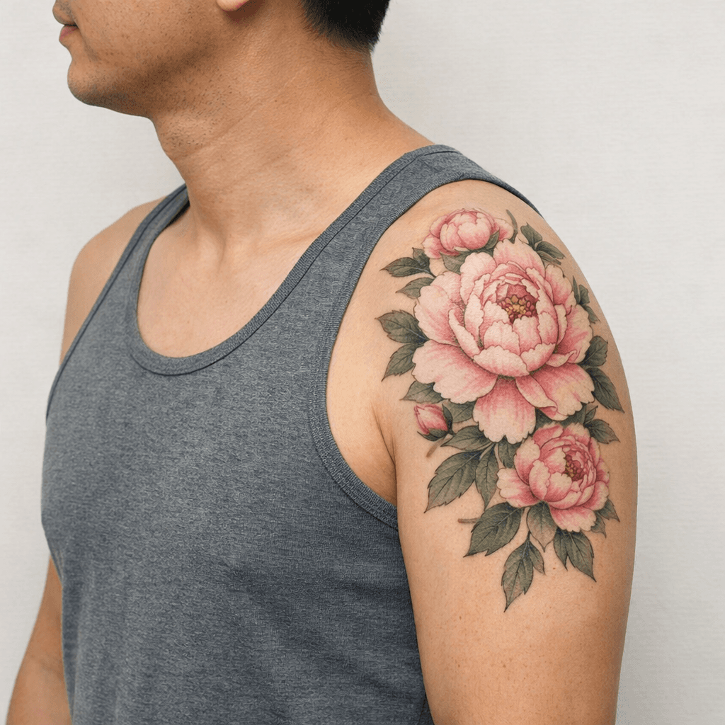 肩・上腕に入れた牡丹タトゥーの参考例