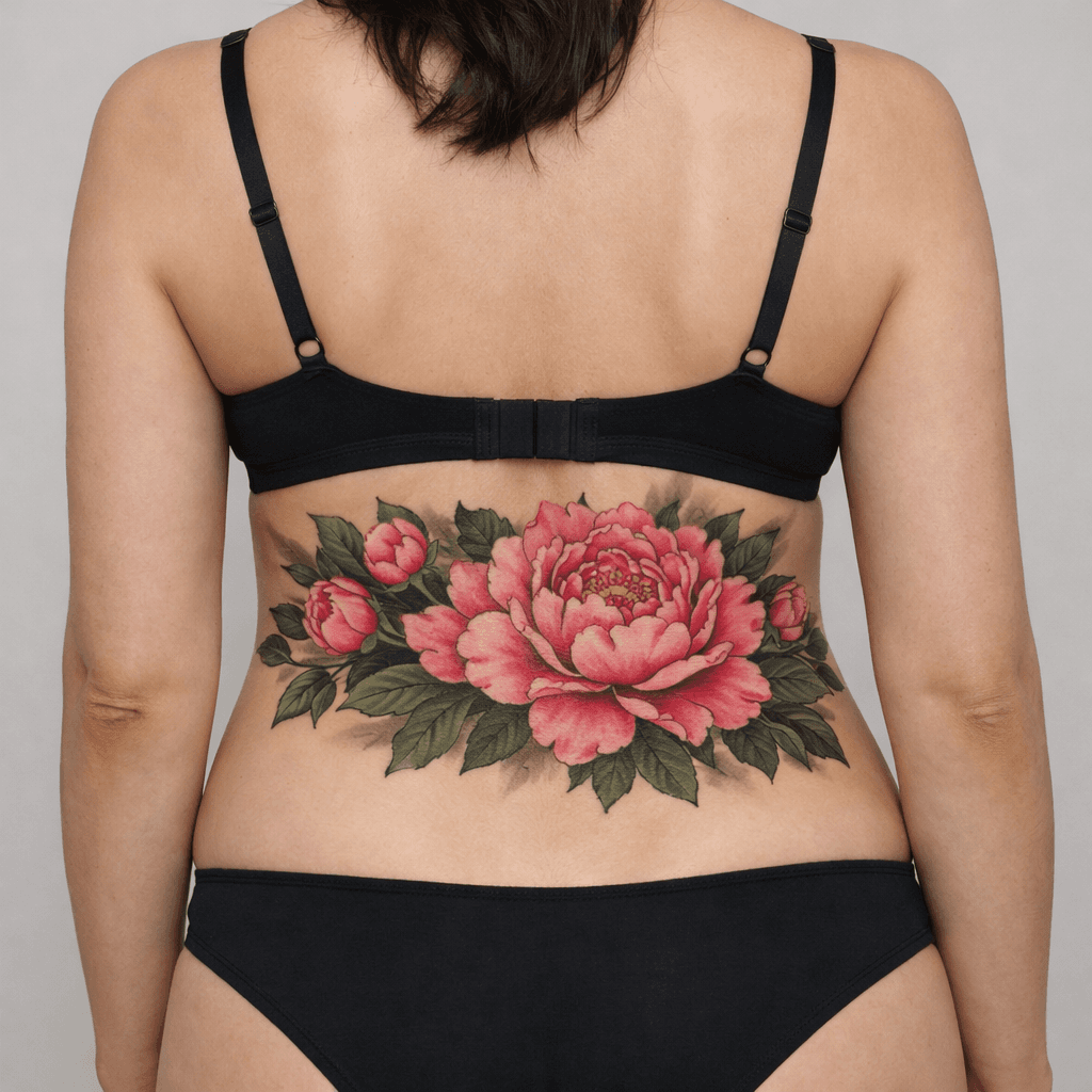 背中・腰回りに入れた牡丹タトゥーの参考例