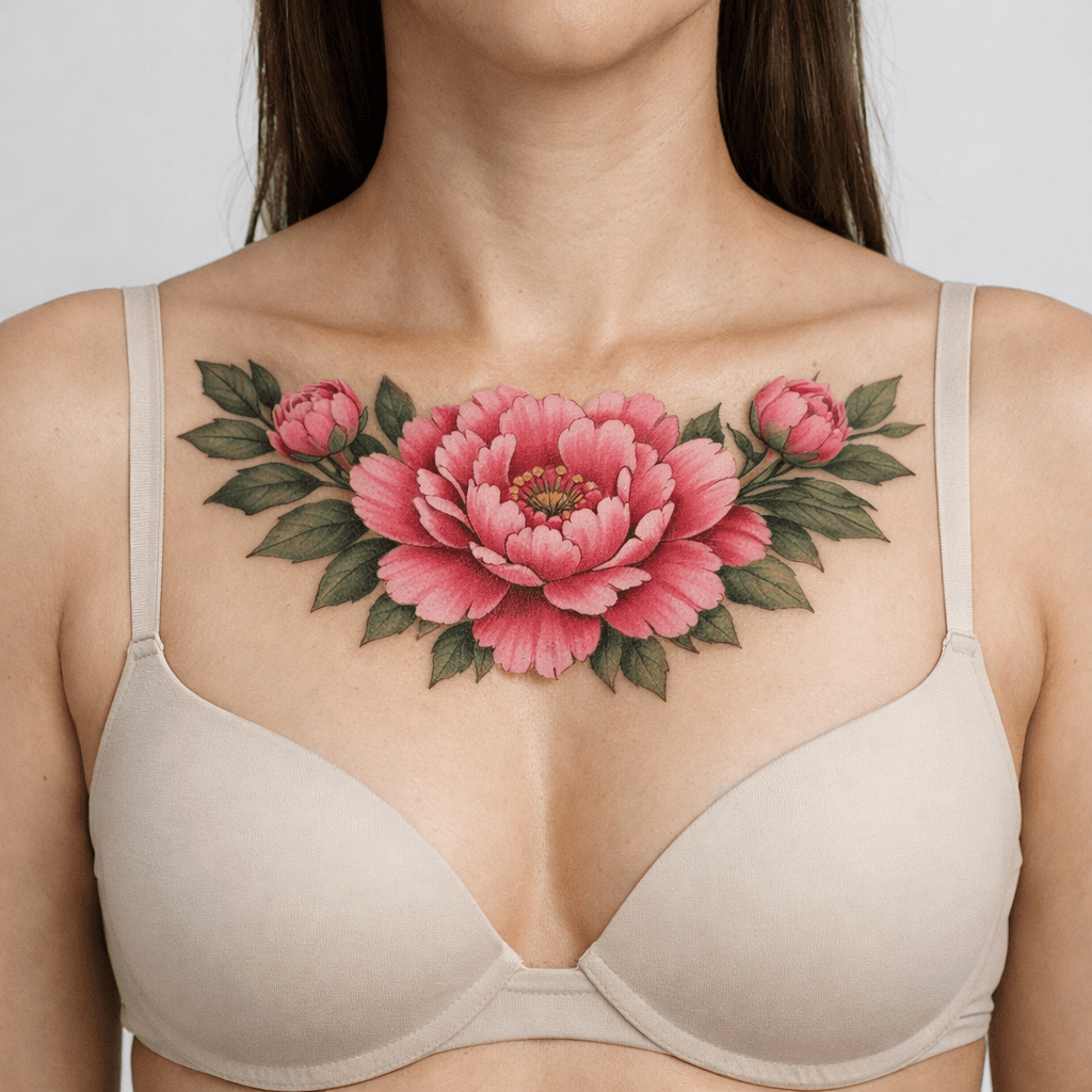 胸元・鎖骨周りに入れた牡丹タトゥーの参考例