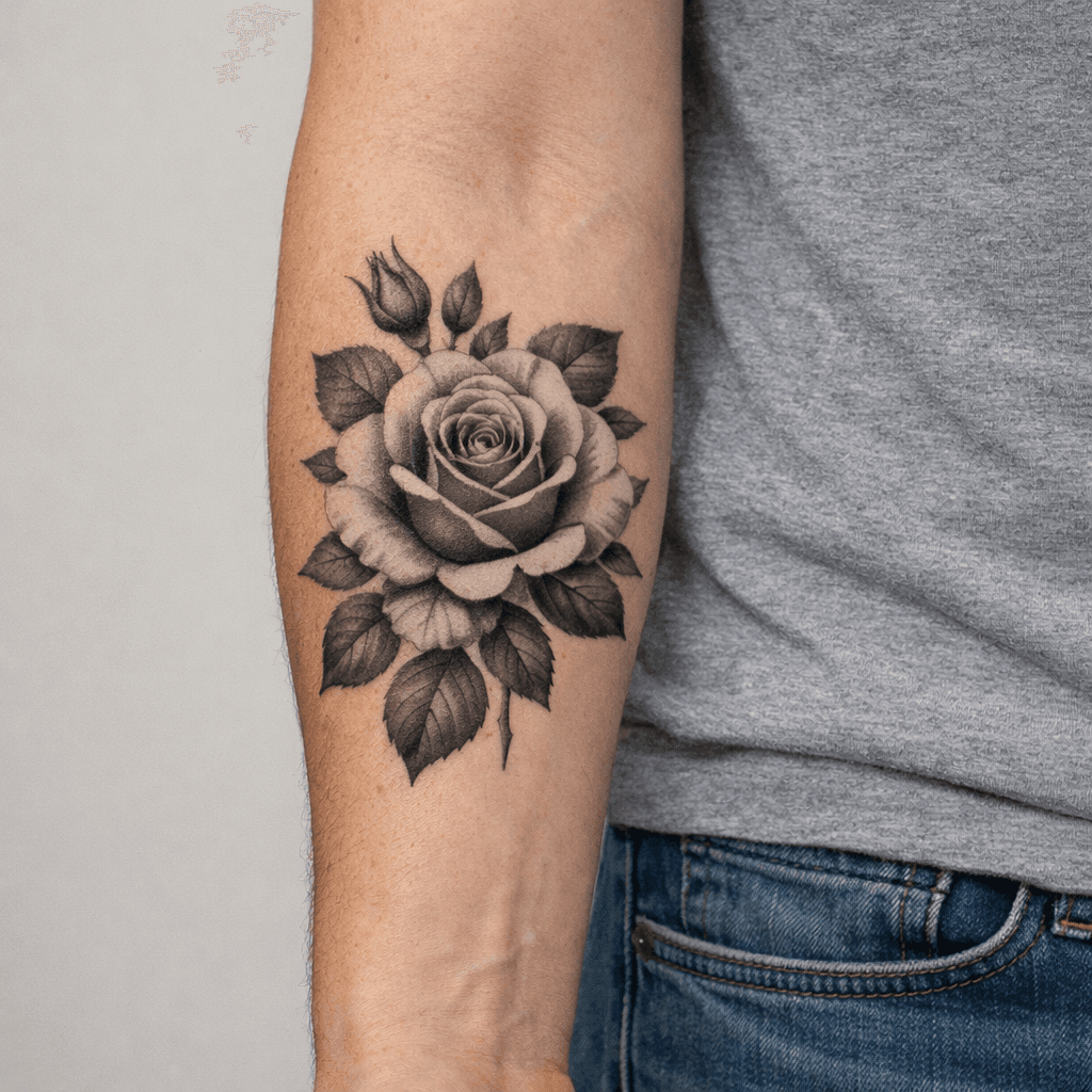 ブラックアンドグレーのバラタトゥーの参考例