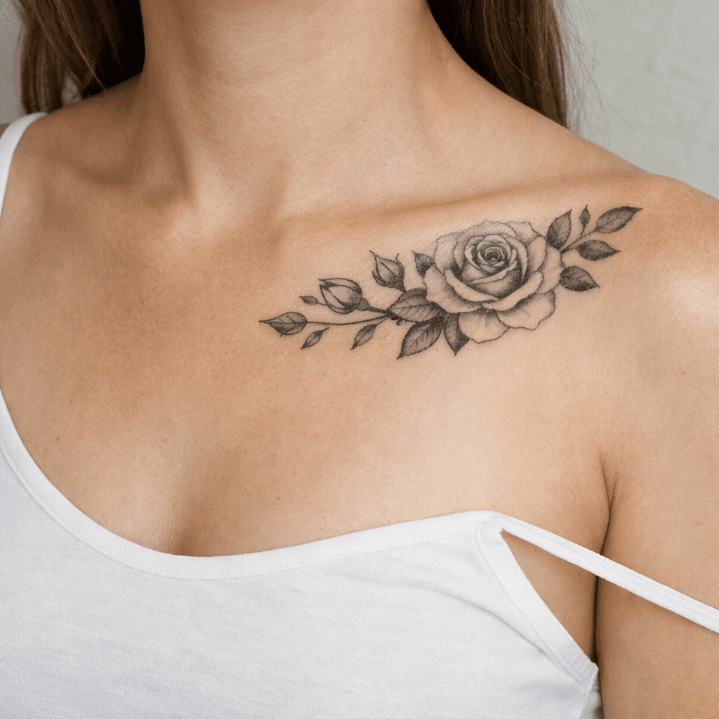 鎖骨・胸元に入れたバラタトゥーの参考例