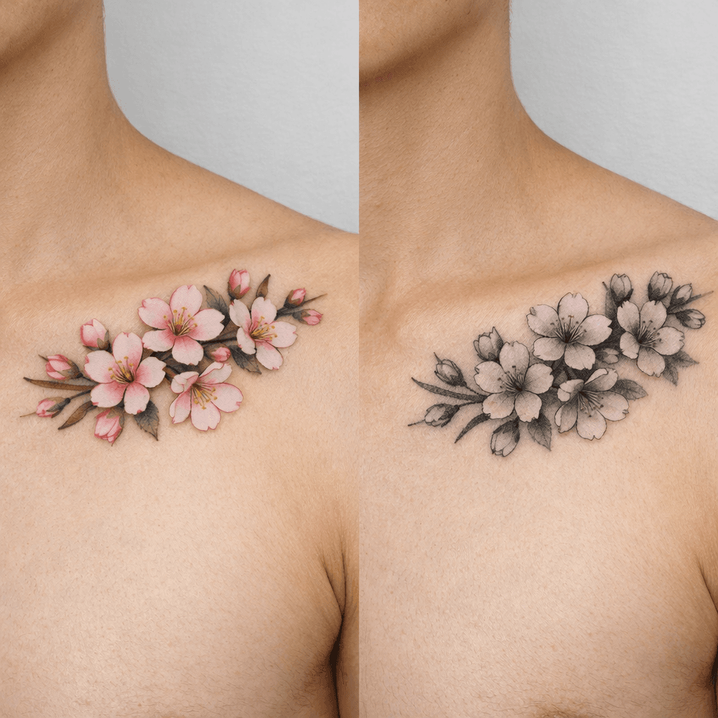 ブラックアンドグレーの桜タトゥーの参考例