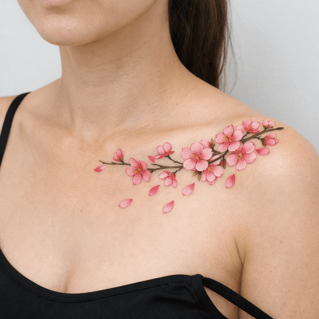 鎖骨・肩に入れた桜タトゥーの参考例