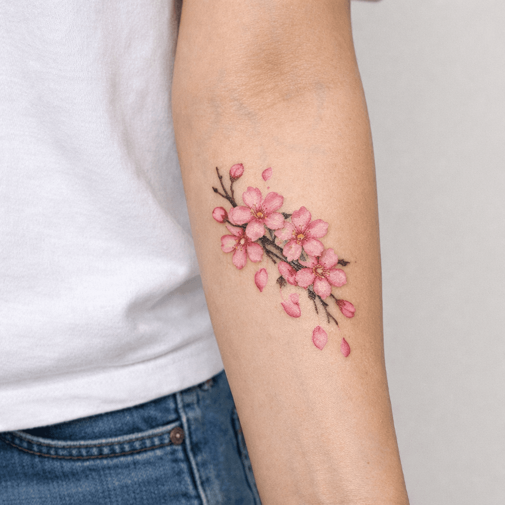 花びらや枝が映えるミドルサイズの桜タトゥーの参考例