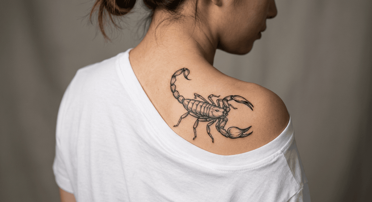 肩甲骨周辺に入れたサソリタトゥーの参考例