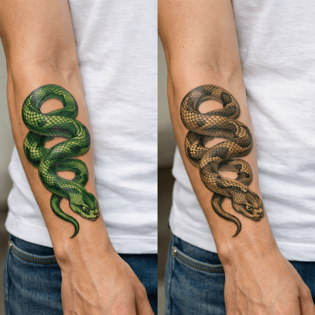 グリーン・アースカラーの蛇タトゥーの参考例